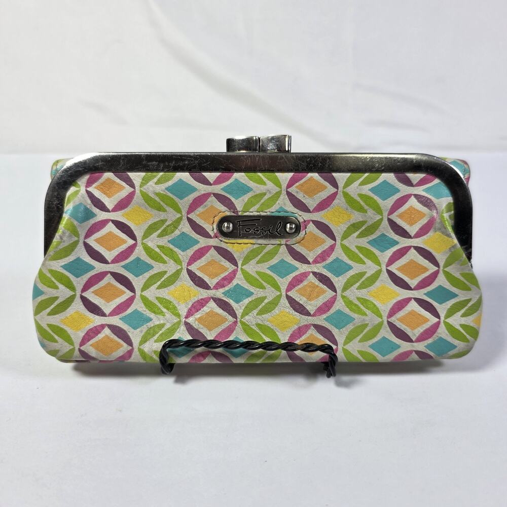 Vintage Fossil Colorful Geometric Wallet Clutch w/Framed Kiss Lock Coin Purse